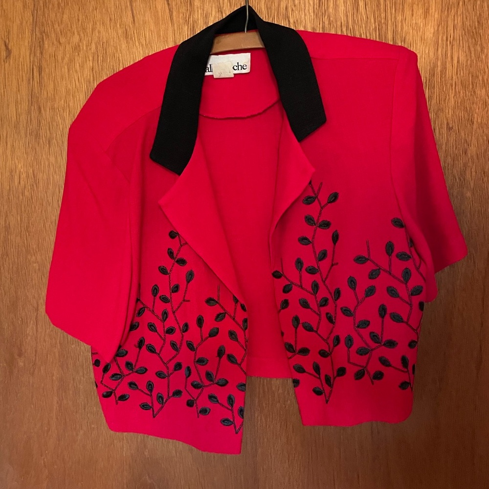 Chic Red Shrug with Black Leaf Embroidery
